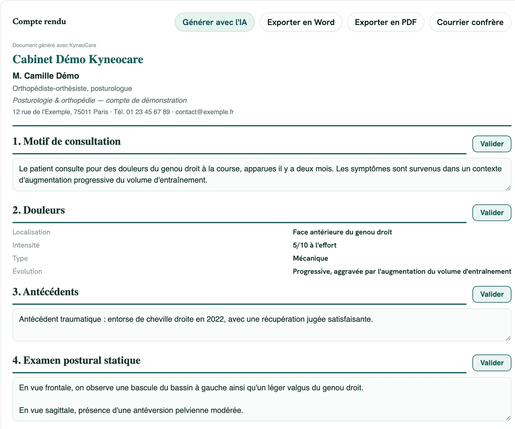 Écran Kyneocare : compte rendu généré en sections, chacune relue et validée par le praticien avant export en PDF ou Word